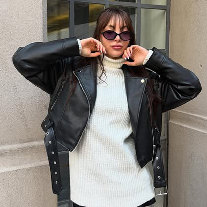 Retro Elegant Leather Zipper Coat Women Short Slimming Street Solid Color Jacket