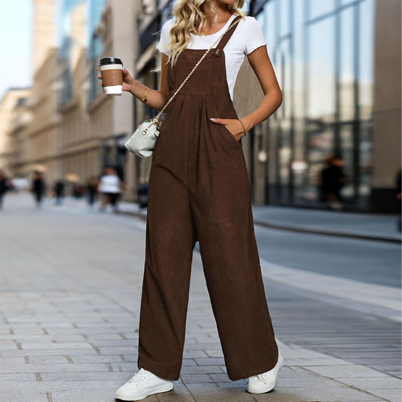 Fall Women Clothing Maillard Solid Color Corduroy Suspender Pants for Women