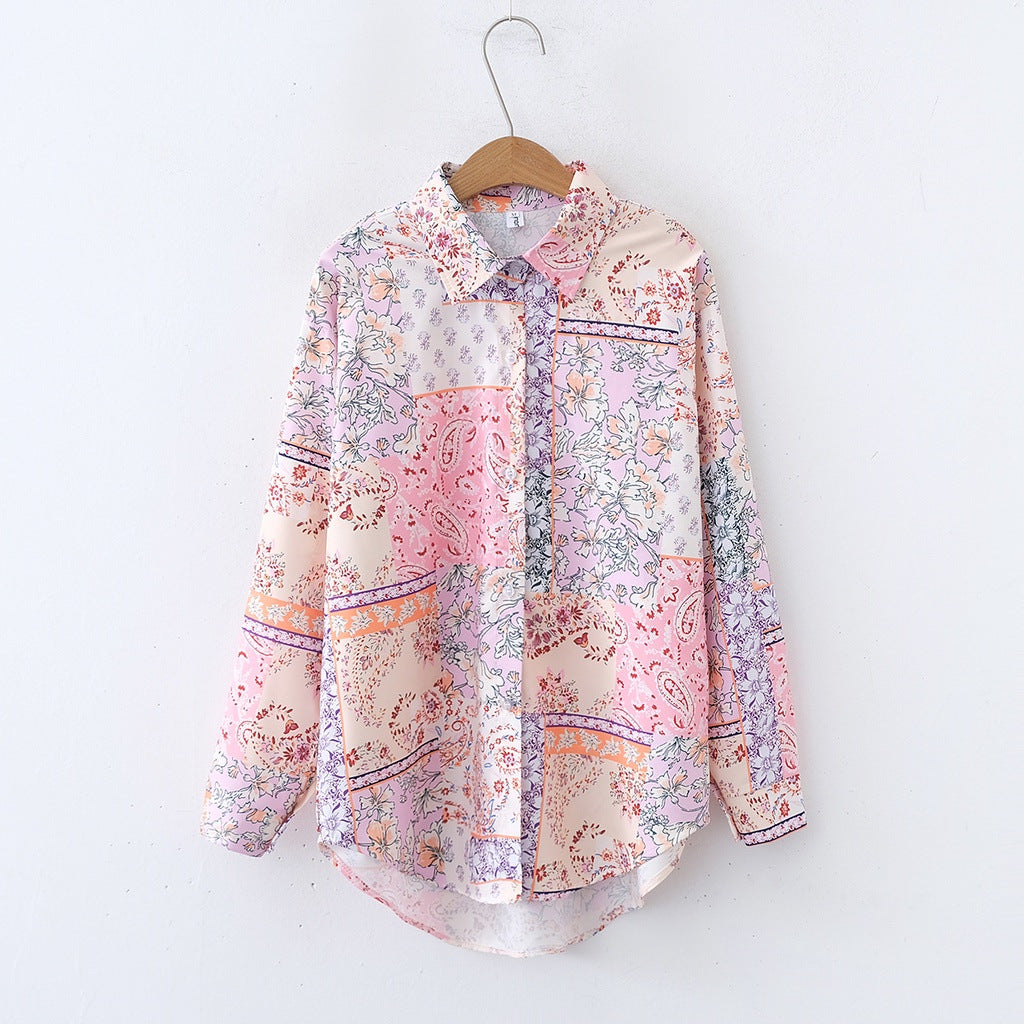 Women Floral Print Collared Long Sleeves Loose Shirt