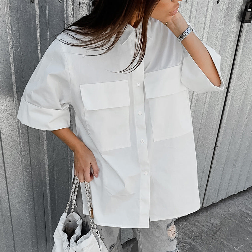 Autumn Classic White Minimalist Pocket Lapels Short Sleeve Loose Casual Slit Shirt All Matching Cotton Shirt
