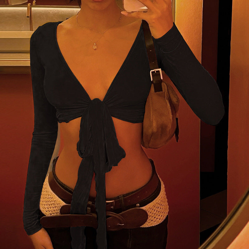 Spring Summer Women Shawl Cropped Lace up Sexy V neck Outerwear Long Sleeved Tops