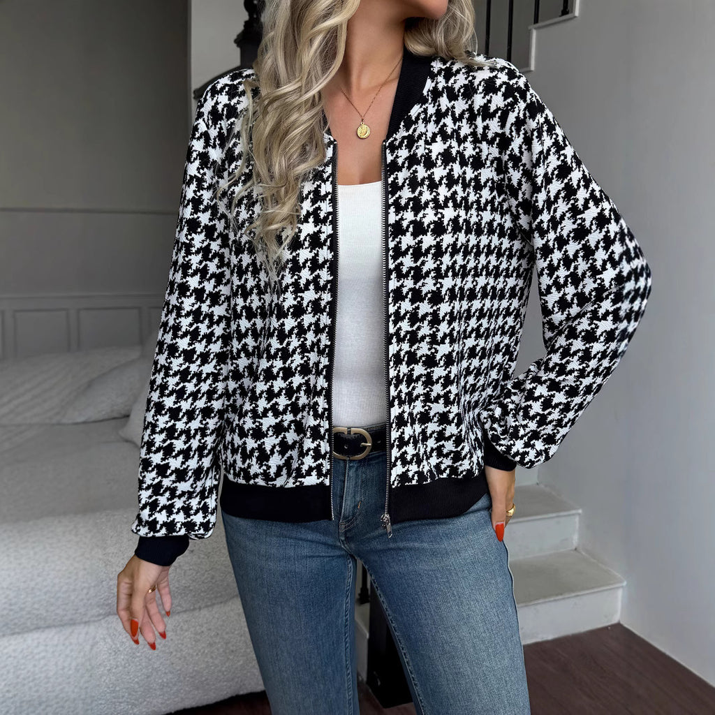 Autumn Zipper Houndstooth Jacket Loose Slim Fit Casual Shacket Women