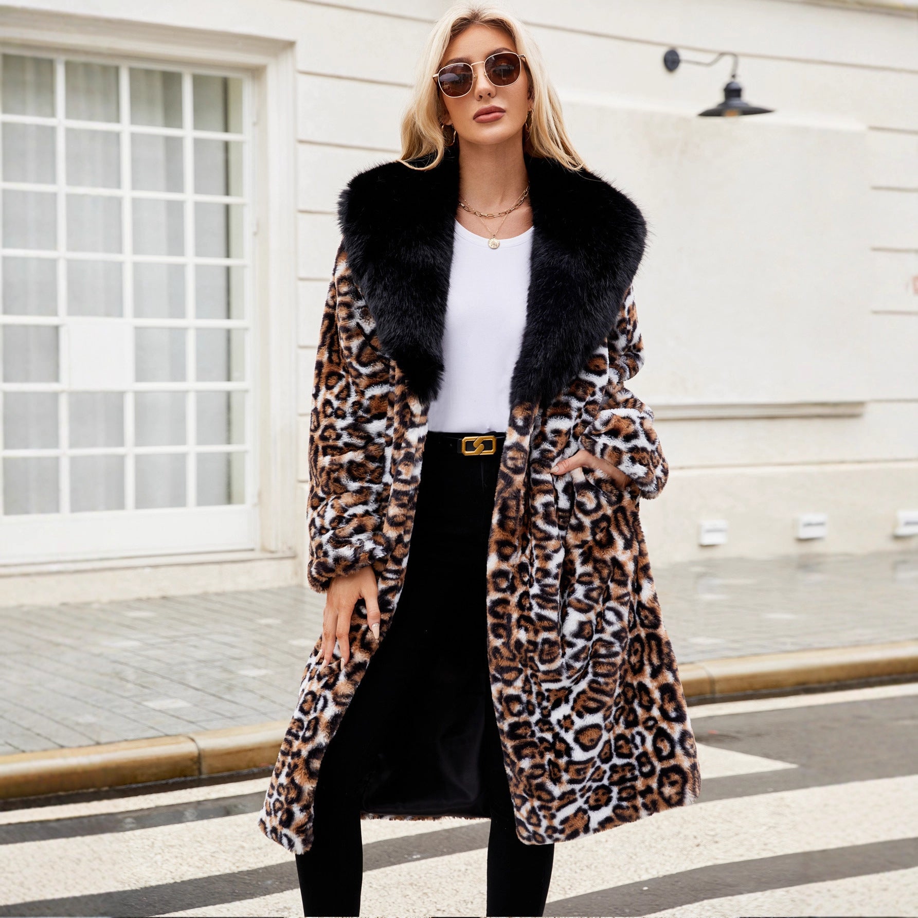 Autumn Winter Faux Fur Fur Collar Women Coat Cold Proof Plush Long Coat Trench Coat
