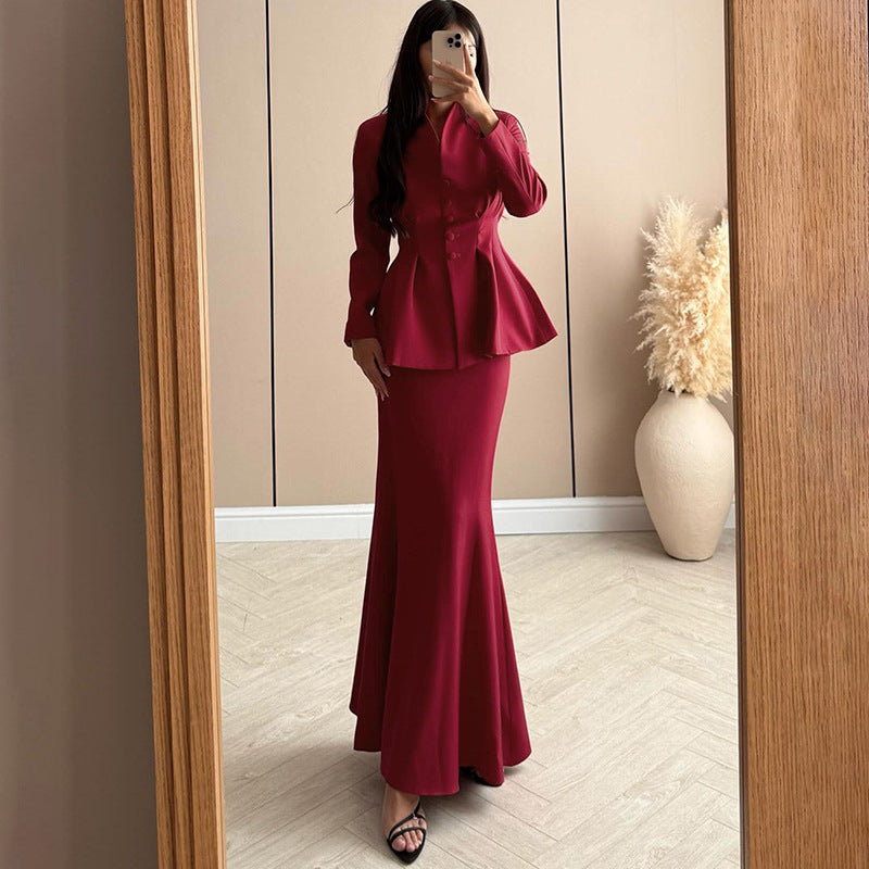 Autumn Winter Women Clothing Waist Controlled Button Long Sleeved Jacket Slim Fit Solid Skirt Two Piece Sets Women