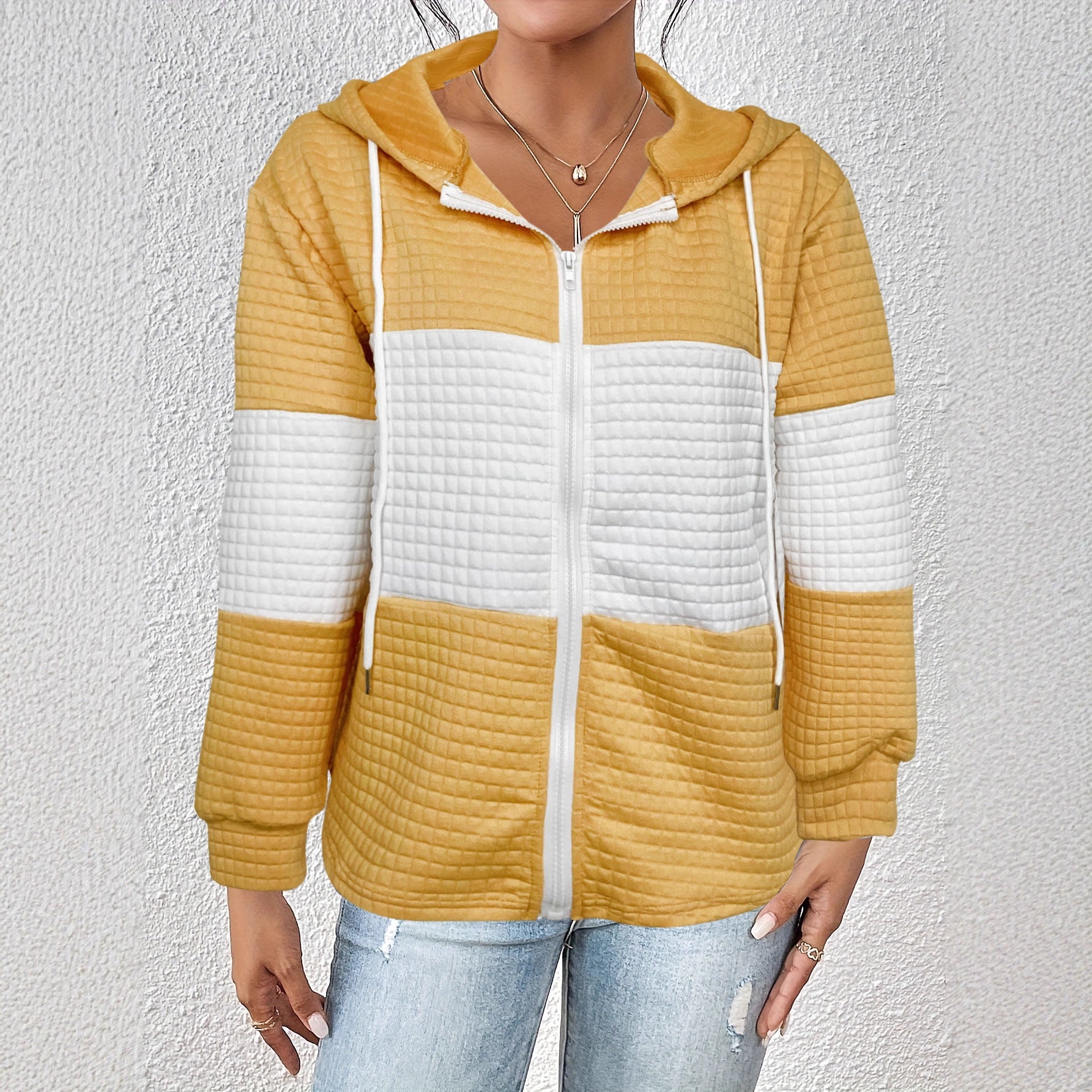 Autumn Winter Women Hoodie Contrast Color Plaid Long Sleeve Casual Hoodies