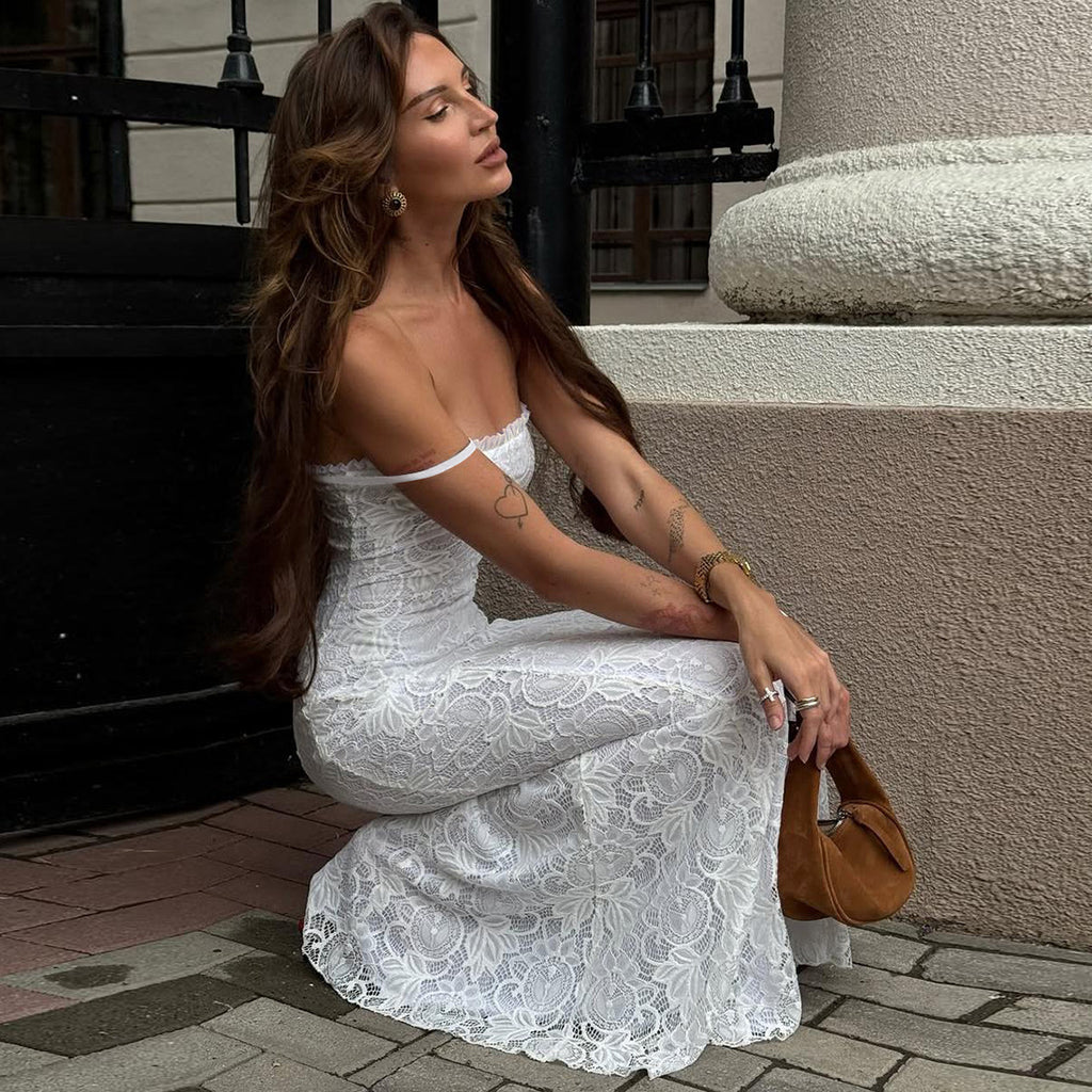 Summer Women Clothing Sexy Solid Color Mesh Stitching Hollow Out Cutout Slim Strap Dress