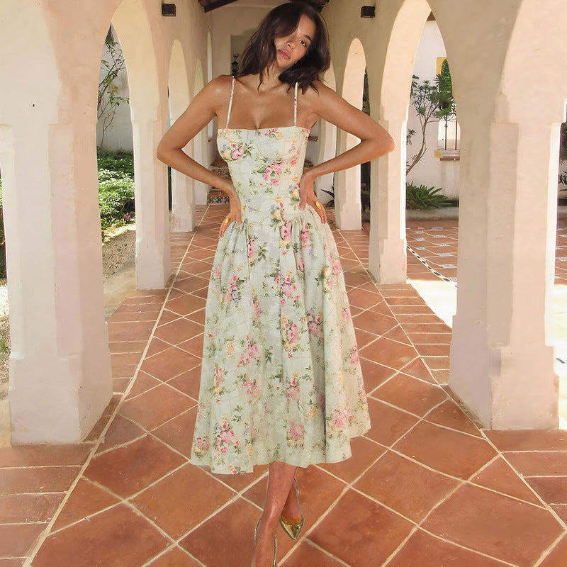 Summer Women Clothing French Sexy Backless Waist Trimming Slimming Printed Dress Women