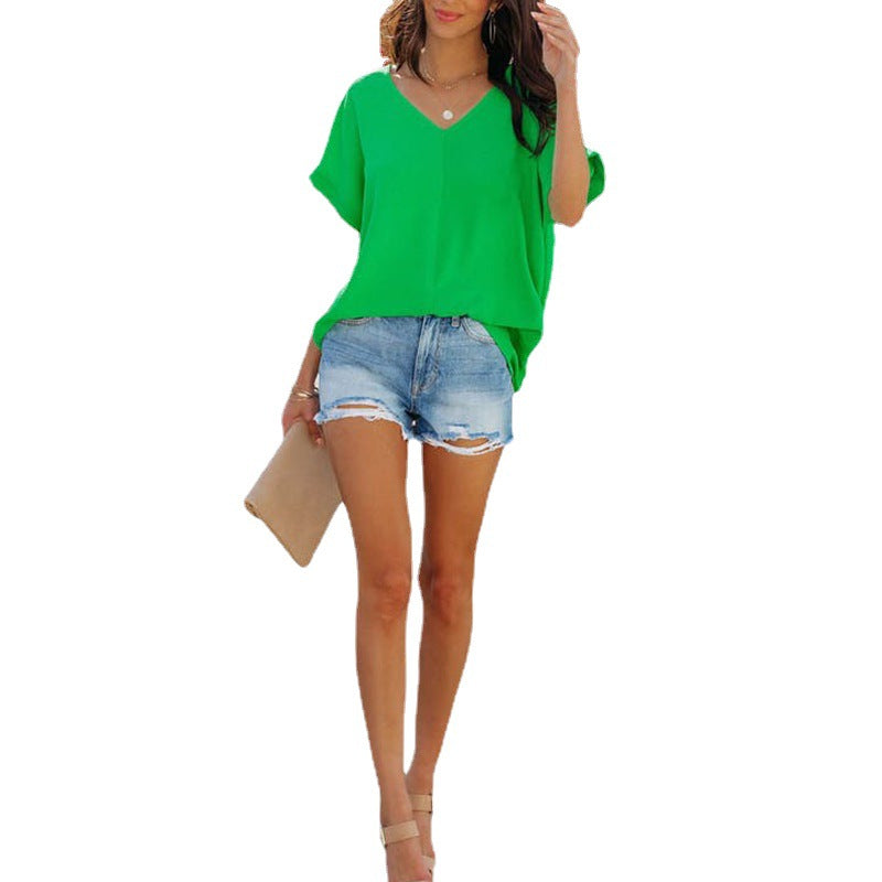 Summer Casual Loose Simple Solid Color Short Sleeve Chicken Hearts V neck T shirt Short Top for Women