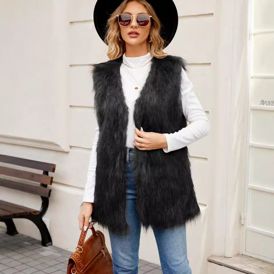 V neck Women Faux Fur Coat Vest Top Artificial Fur Vest