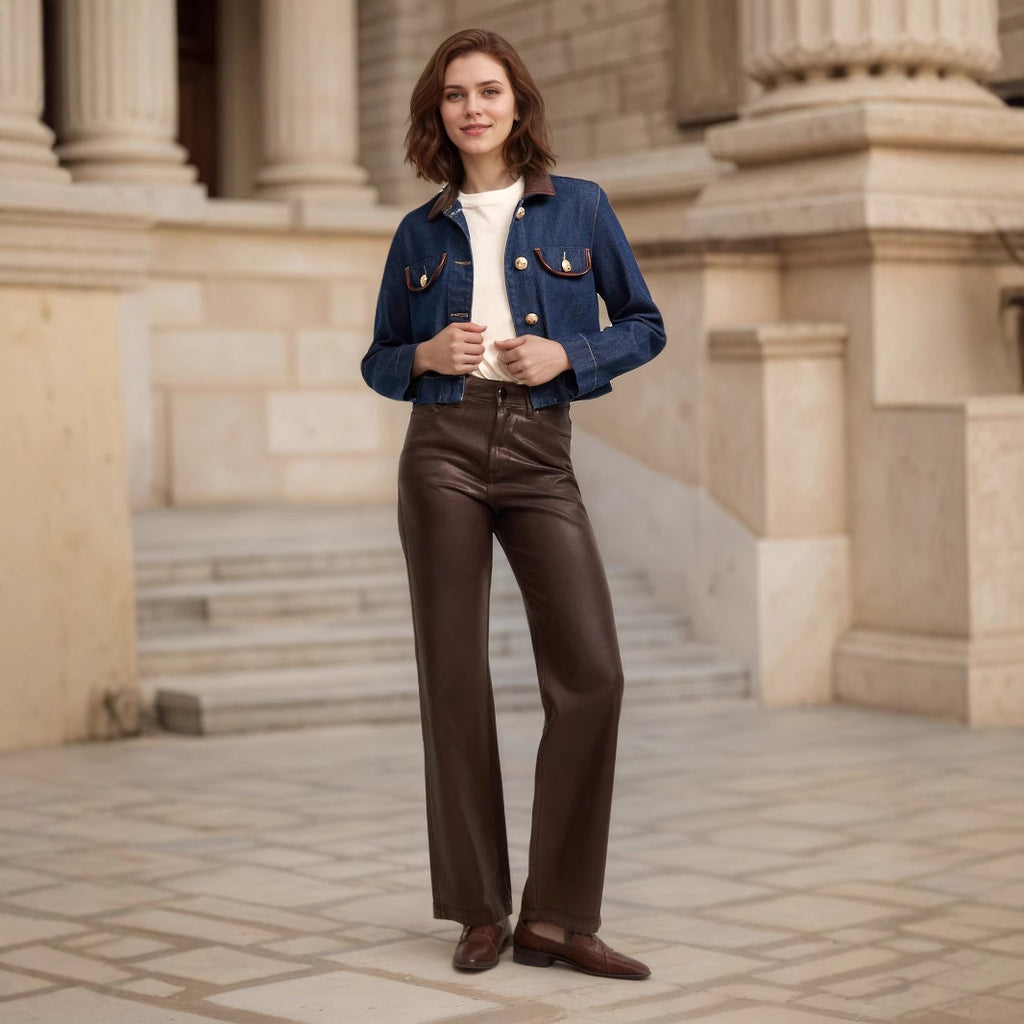 Button Embellishment with Leather Patchwork Collar Pocket Details Design Elegant Imitation Denim Jacket