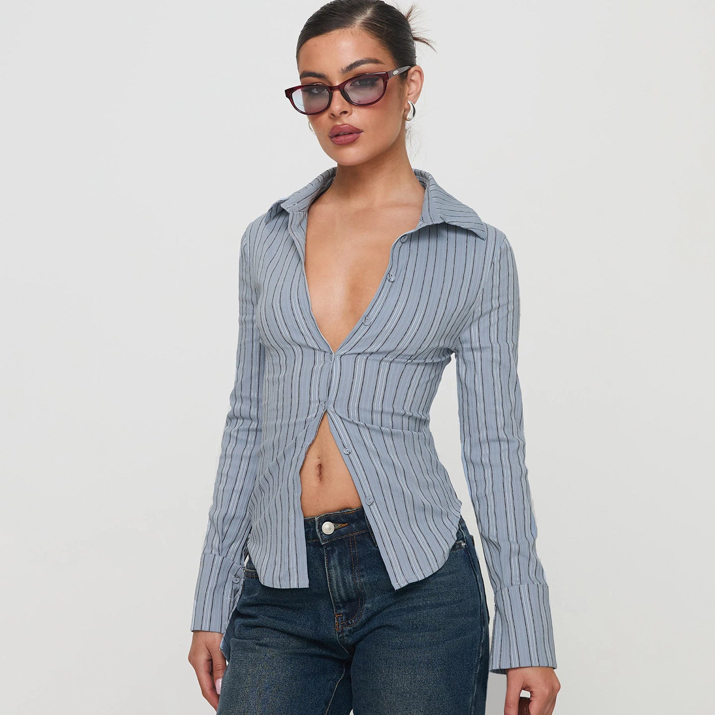 Office Autumn Winter Striped Waist Trimming Shirt Collared Single Breasted Slim Fit Long Sleeved Shirt Women