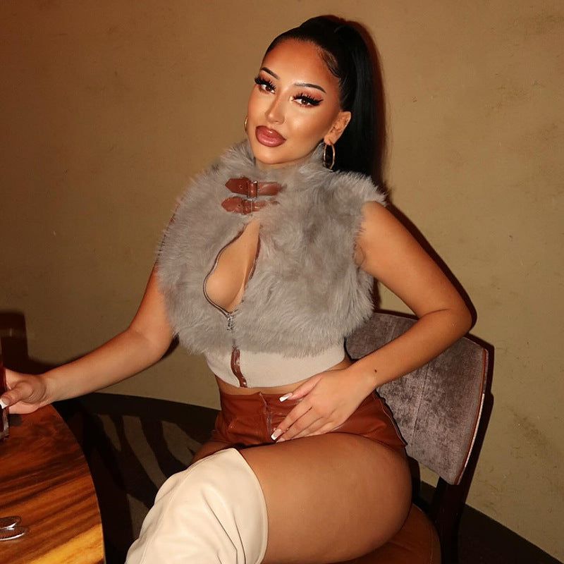 Women Clothing Autumn Winter Solid Color Sleeveless Plush Cardigan Zipper Vest Bare Cropped Slim Fit Top