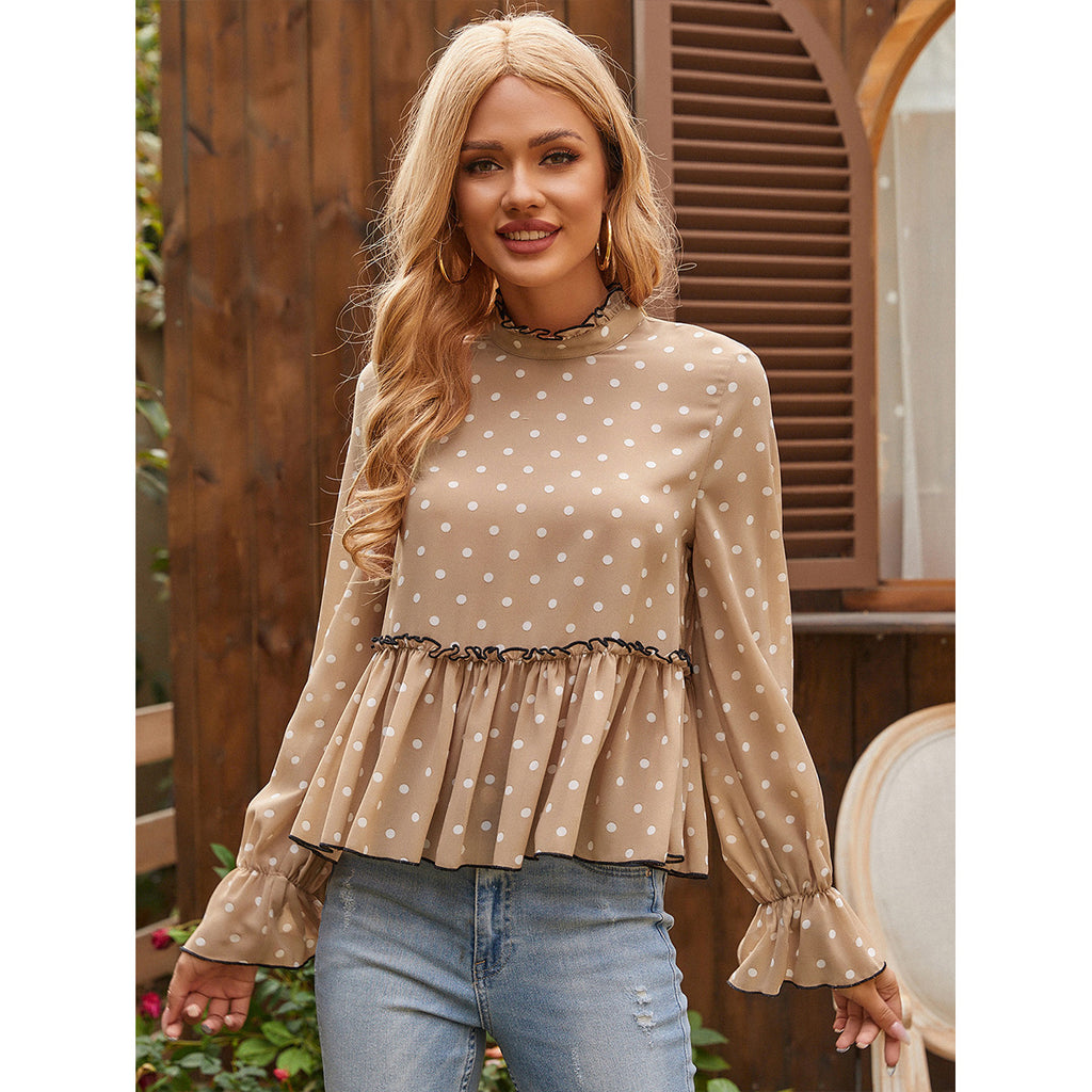 Women Clothing Solid Color Jacquard Pullover Bell Sleeve Chiffon Shirt