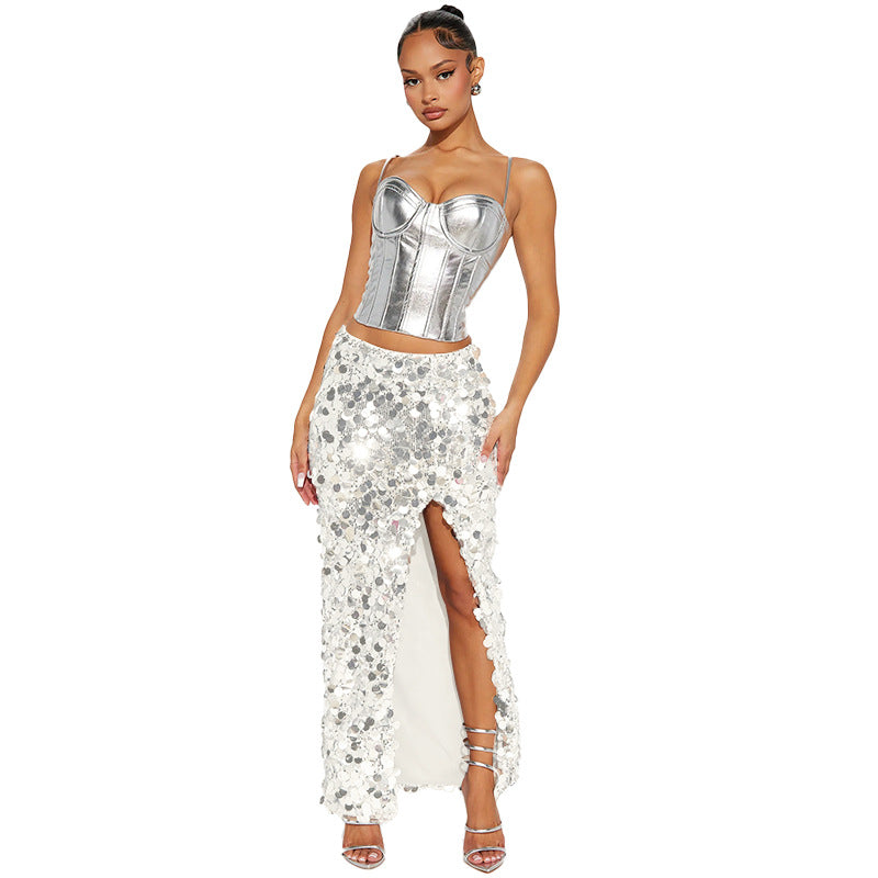 Sexy Women Wear Dress Sequin Dress Women Dress Slit Half Length Sequin Maxi Dress