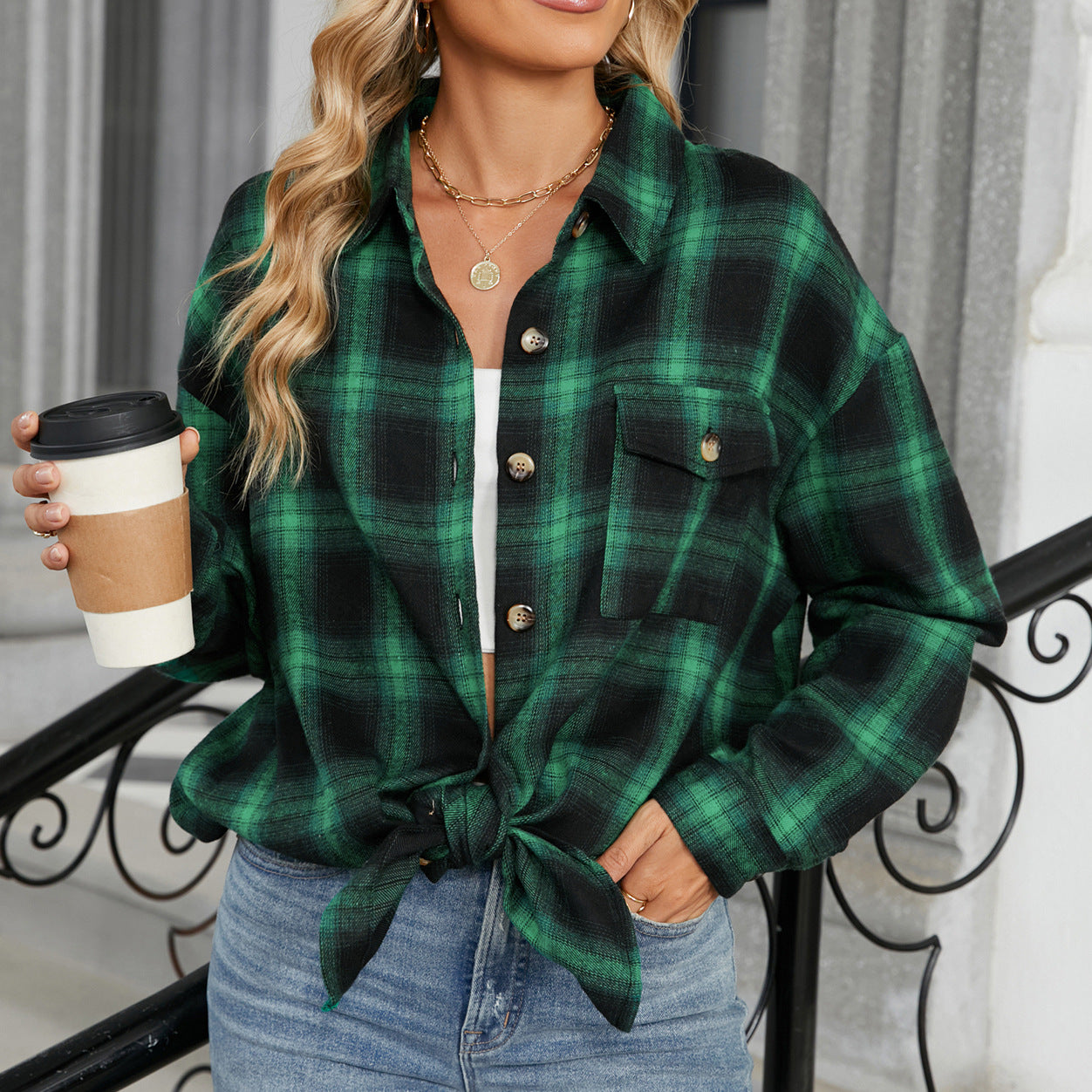 Autumn Winter Oversize Plaid Shirt Brushed Long Sleeve Shirt
