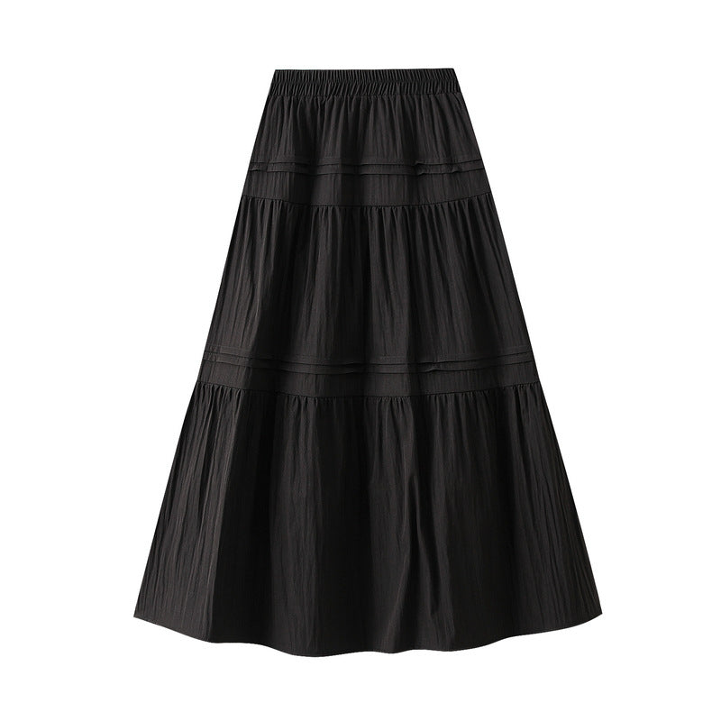 White Stitching Skirt Women Spring Slimming High Waist Mid Length A line Skirt