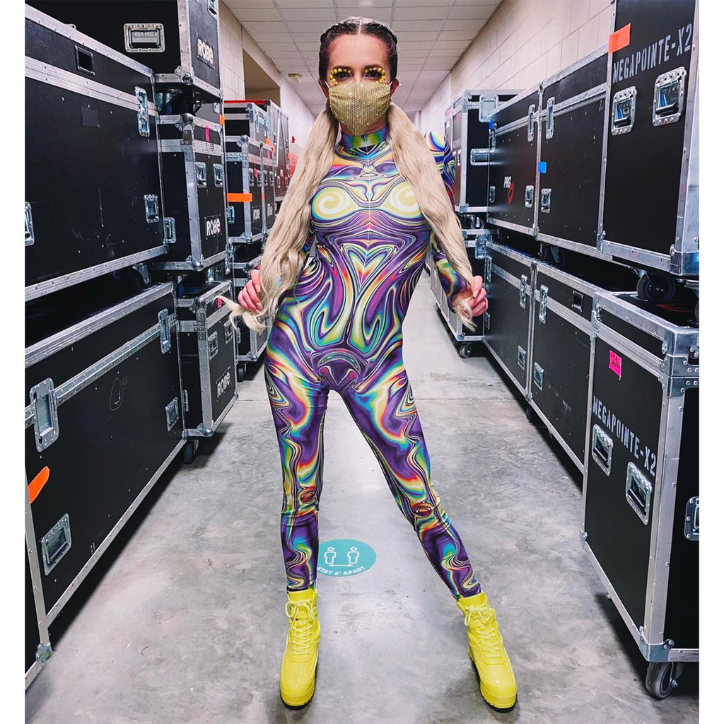 Women Clothing Y2g Printing Finger Fit Design Zipper Stretch Slim Fit Bodysuit