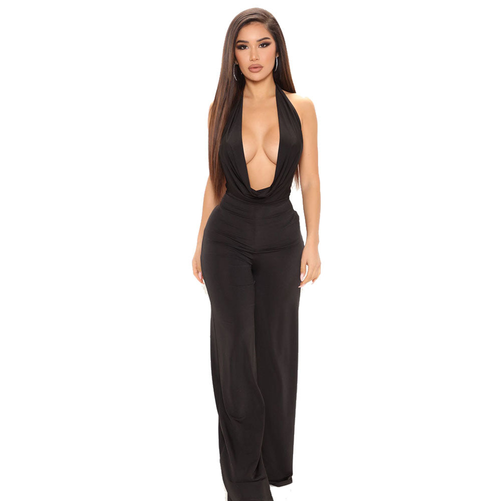 Spring Sexy Women Clothing Dress Deep V Plunge Halter Backless Tight Waist Wide Leg Jumpsuit