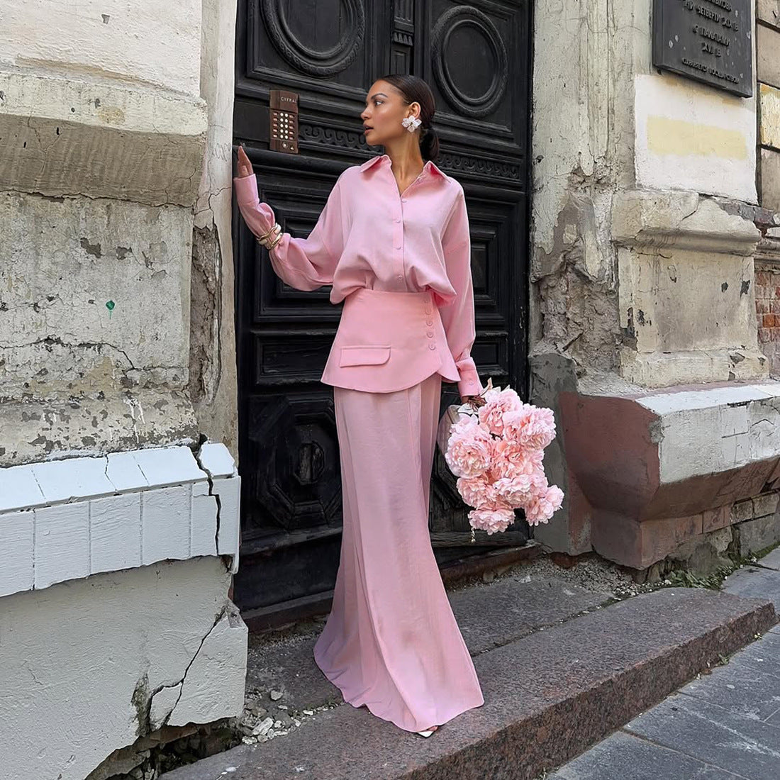 Women Clothing Fall Collared Long Sleeve Shirt Solid Color Waist Seal Skirt Three Piece Set