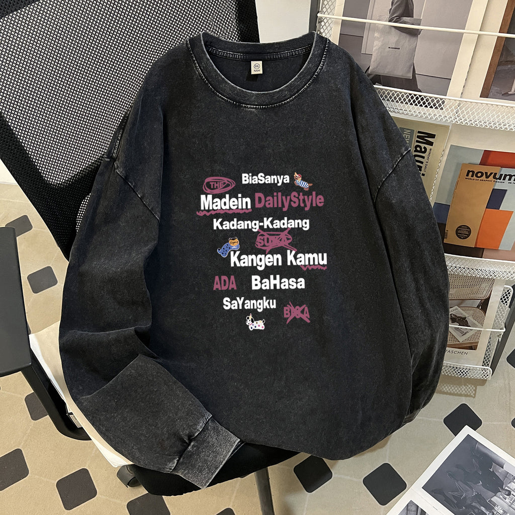 Heavy Autumn Hong Kong Trendy Brand Loose Retro Washed College Cotton round Neck Long Sleeves Top T shirt Women