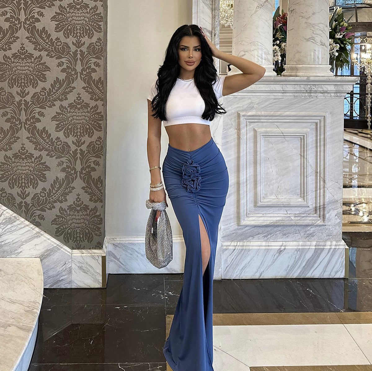 Summer Solid Color Slim Fit Three Dimensional Floral Split Drape Flab Hiding Skirt