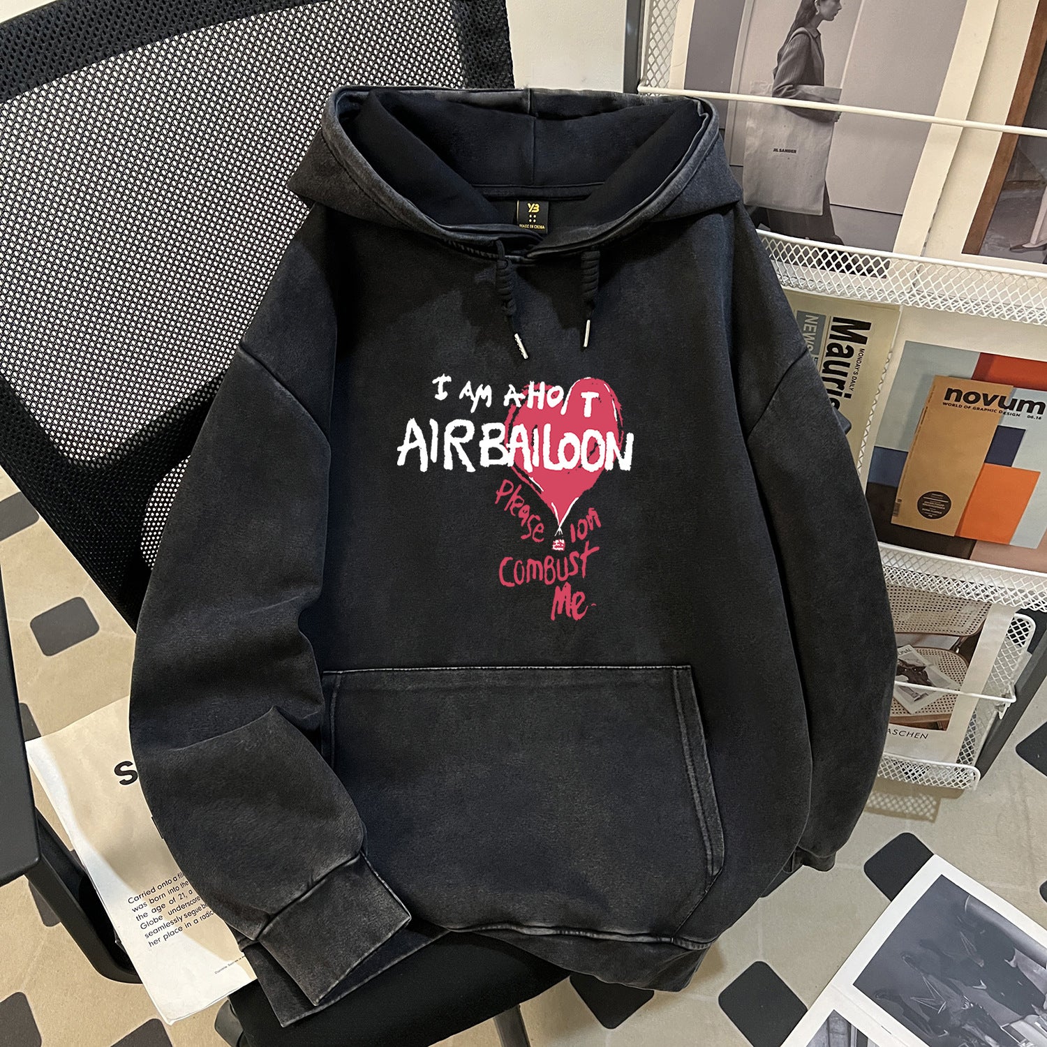 Pull à capuche décontracté en pur coton lavé et composite de coton chinois, style rétro, effet batik vieilli.