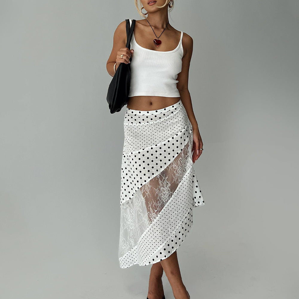 Summer Arrival Polka Dot Skirt Sexy Lace Irregular Asymmetric All Match Maxi for Women