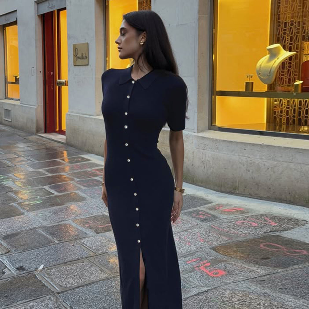 Women Basic Solid Color Knitted Breasted Polo Collar Short Sleeve Dress Elegant Dress