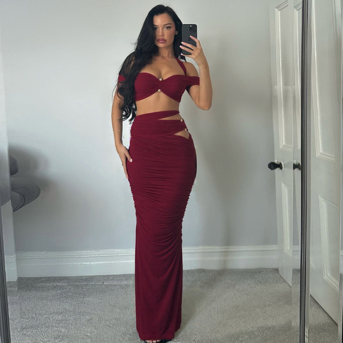 Summer Women Clothing Sexy Halter off Shoulder Spaghetti Straps Vest Slim Pleated Skirt Set