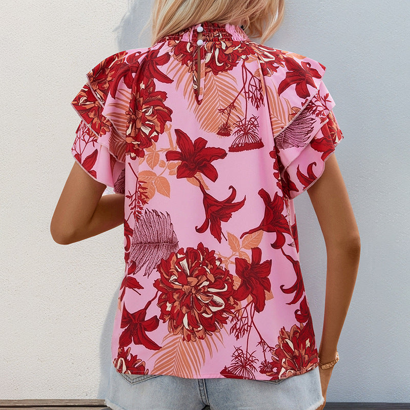 Summer Women Lotus Leaf Layered Sleeve Printing Shirt Women