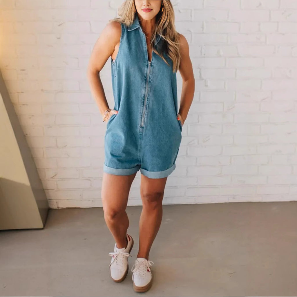 Women Wear Solid Color Polo Collar Sleeveless Zipper Denim Jumpsuit