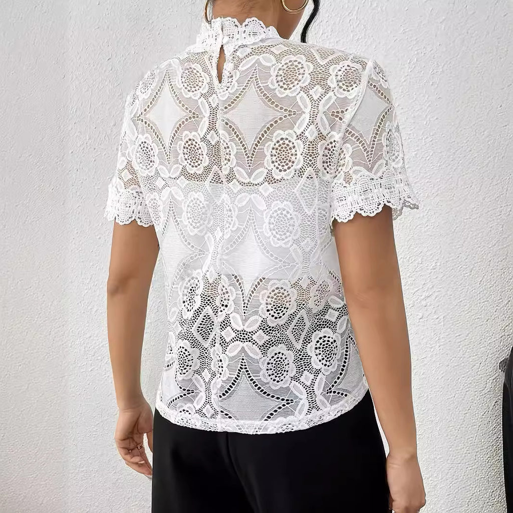 Elegant Solid Color Small Stand Collar Lace Stitching Lace Short Sleeve T shirt Top Women Clothing