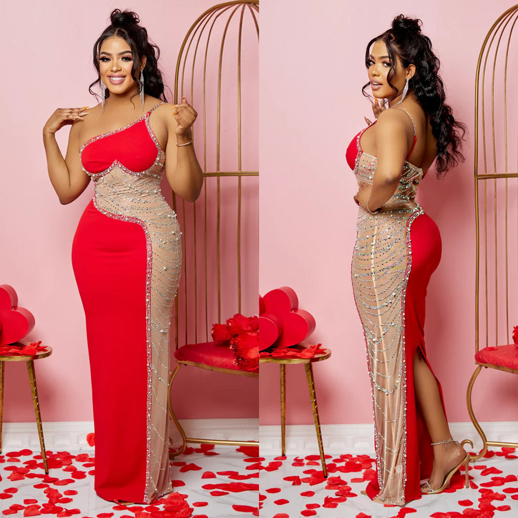 Summer Women Clothing Sexy Mesh See through Rhinestone Strap Length Dress