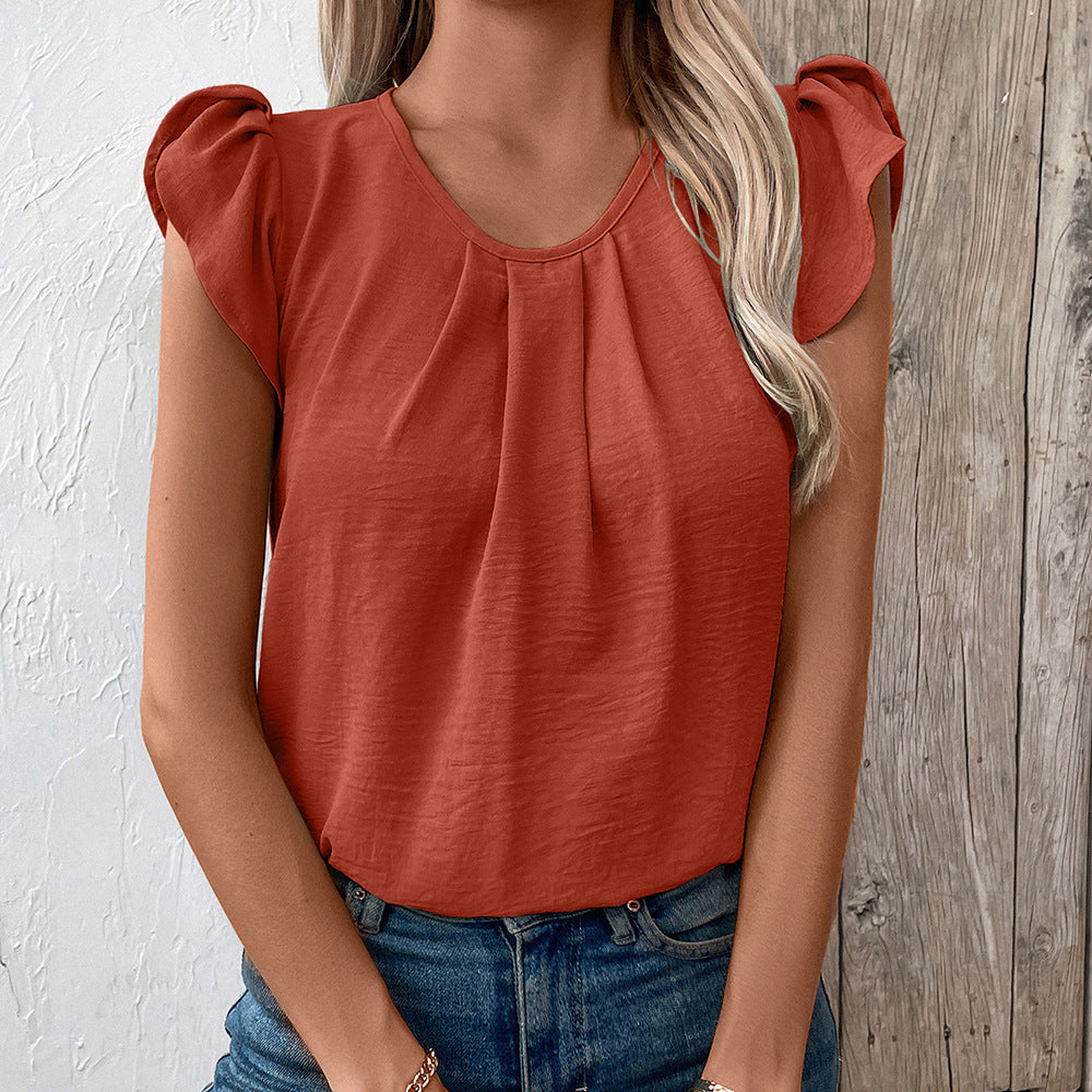 Casual Round Neck Pullover Short Sleeve T Shirt Solid Color Ruffle Sleeve Top Women