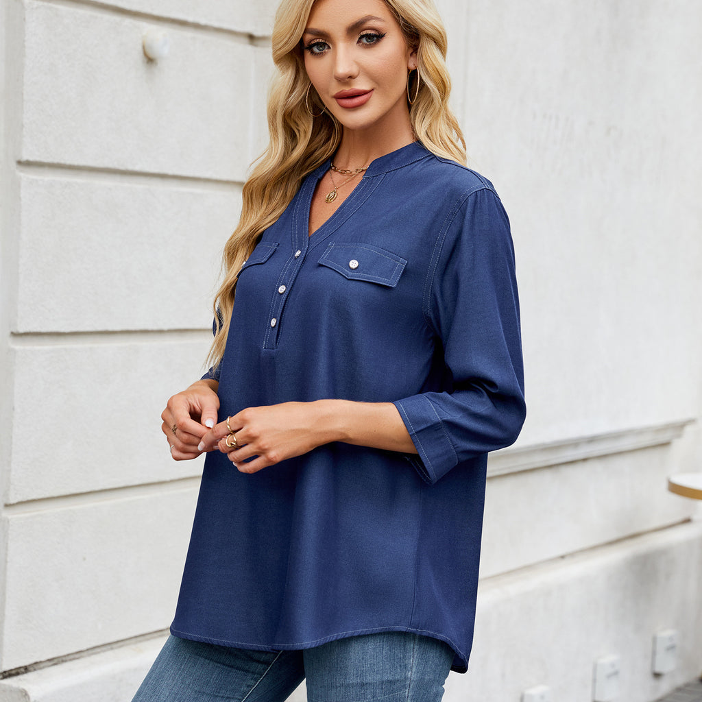 Women Clothing Spring Summer Casual Loose Imitation Denim Long Shirt