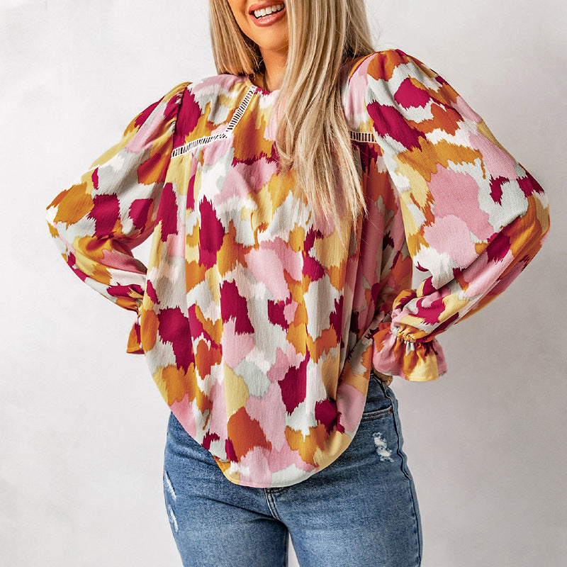 Abstract Printed Fluffy Sleeve Chiffon Shirt Women Round Neck Pullover Long Sleeve Top