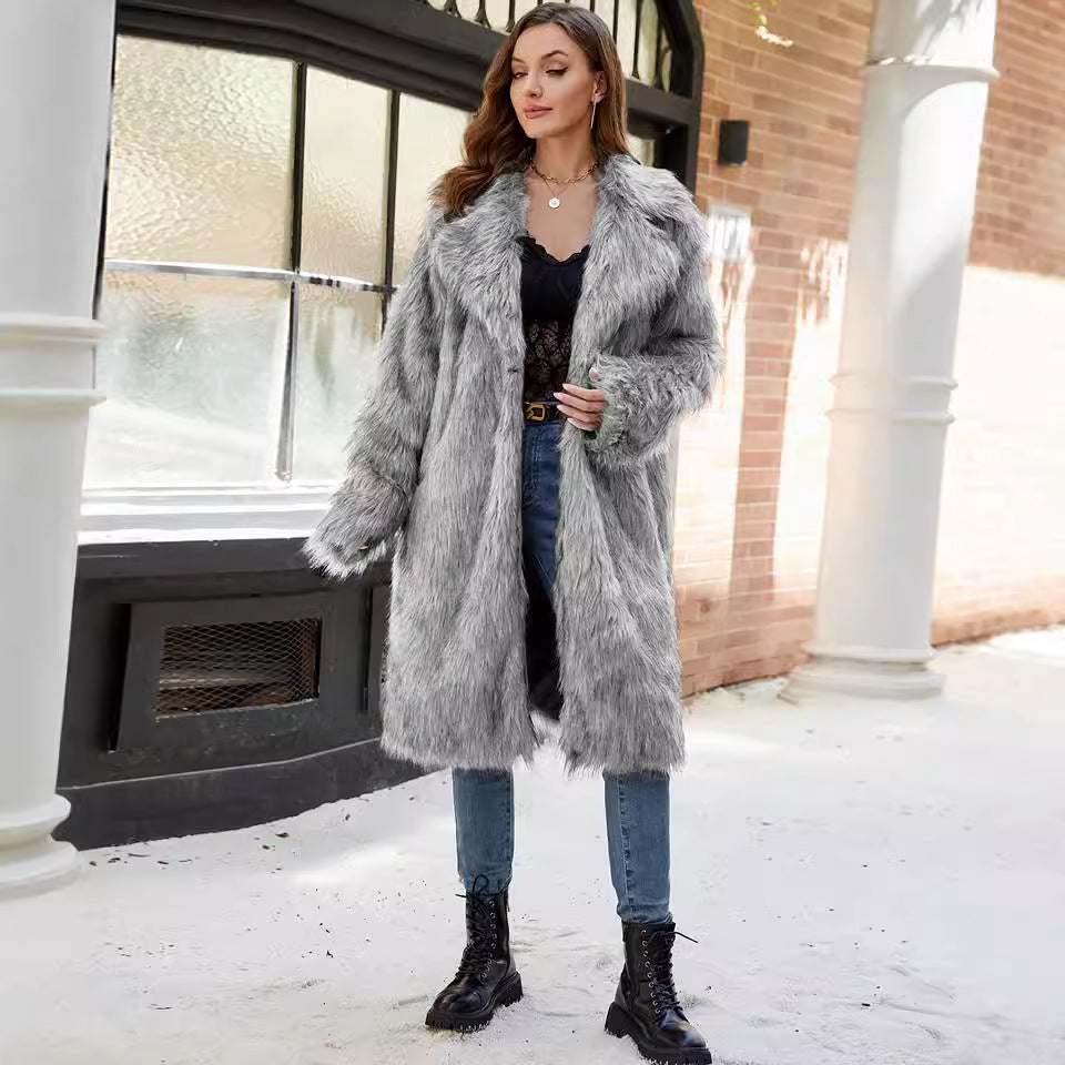 Autumn Winter Collar Long Ladies Faux Fur Coat Top Plush Coat