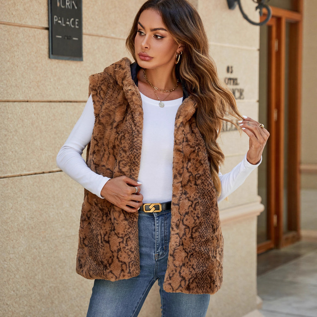 Women Clothing Faux Fur Coat Top Hooded Vest Leopard Print Artificial Fur Vest