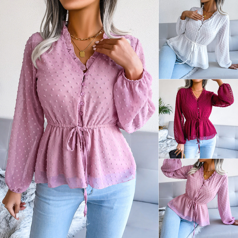 Spring Summer Lantern Long Sleeve Ruffled Tied Fitted Waist Polka Dots Chiffon Shirt Women Clothing