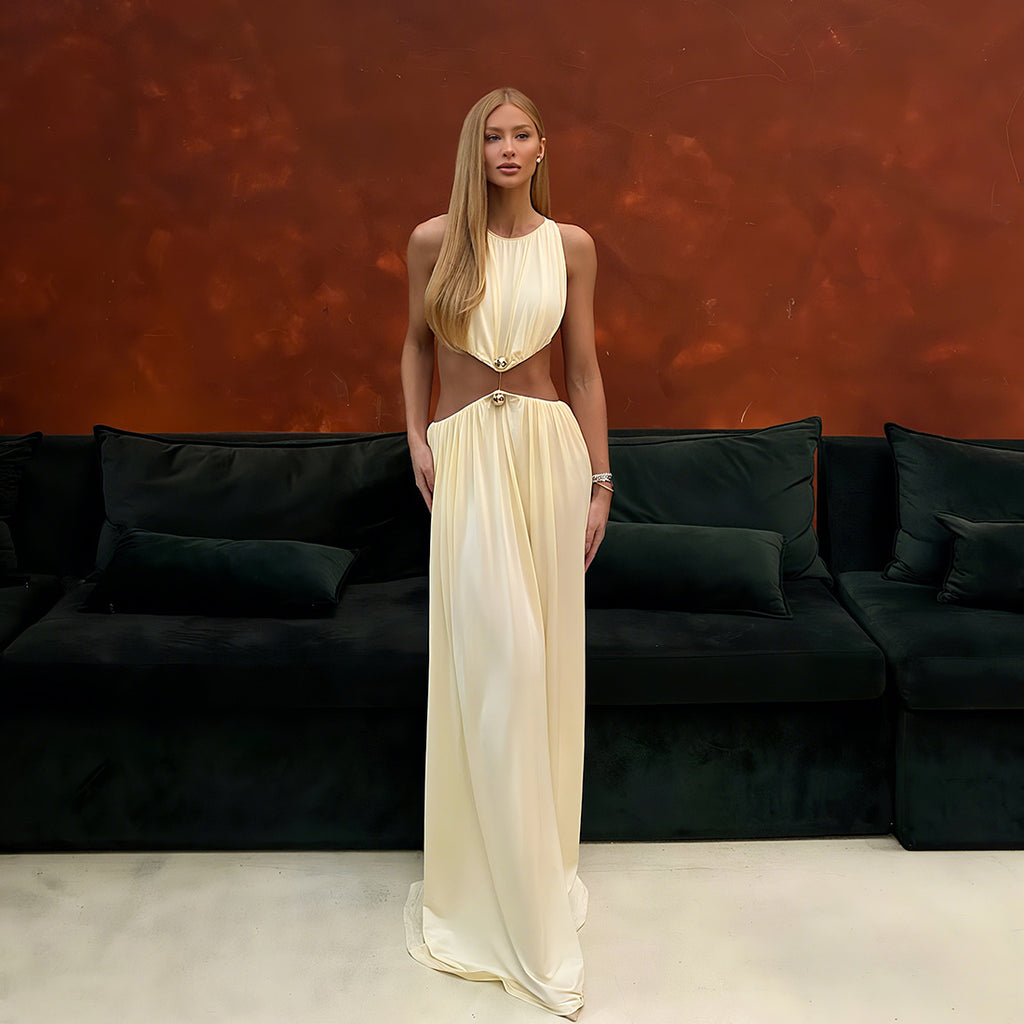 Fall Women Clothing Sexy Waist Hollow Out Cutout out Maxi Dress round Neck Sleeveless Solid Color Dress