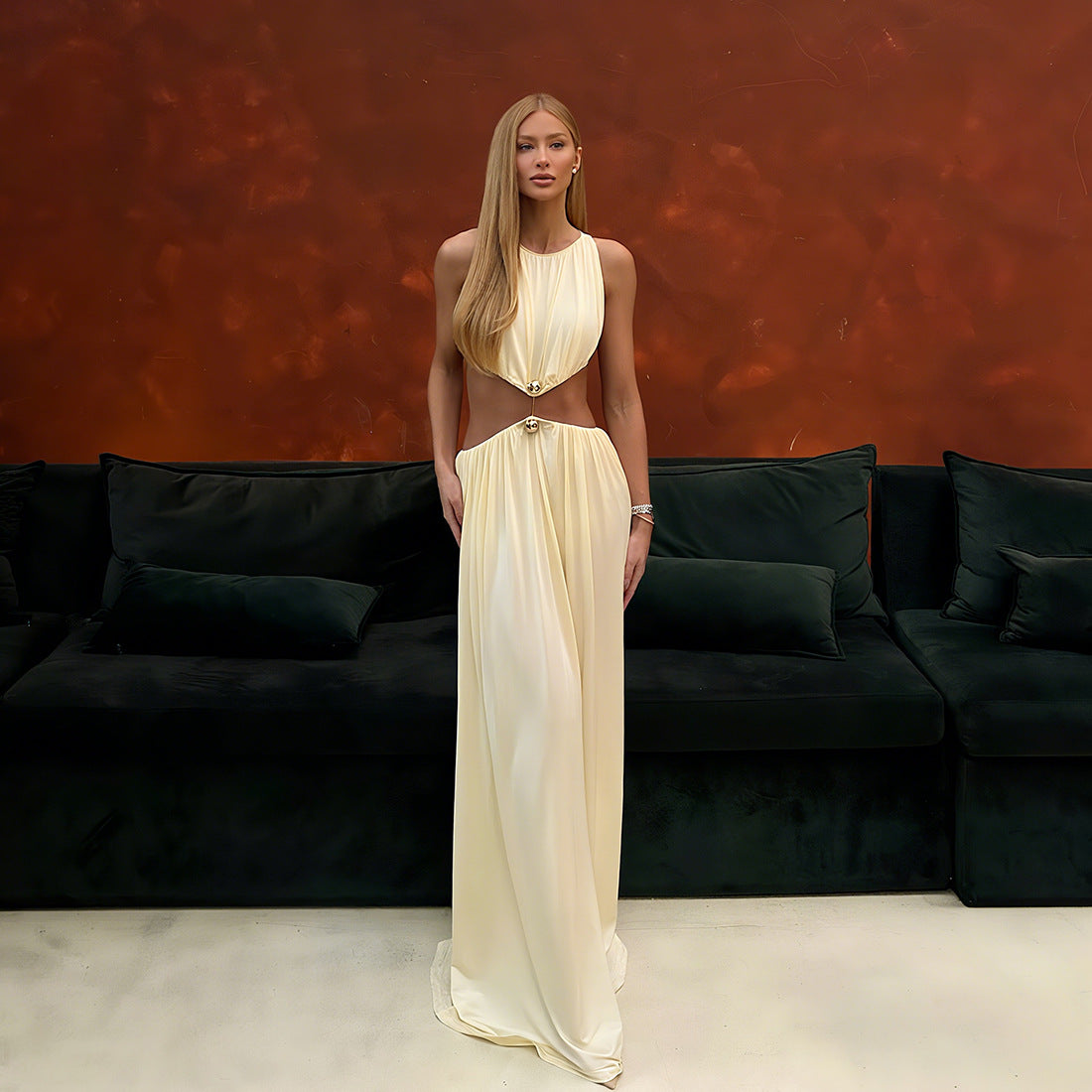 Fall Women Clothing Sexy Waist Hollow Out Cutout out Maxi Dress round Neck Sleeveless Solid Color Dress