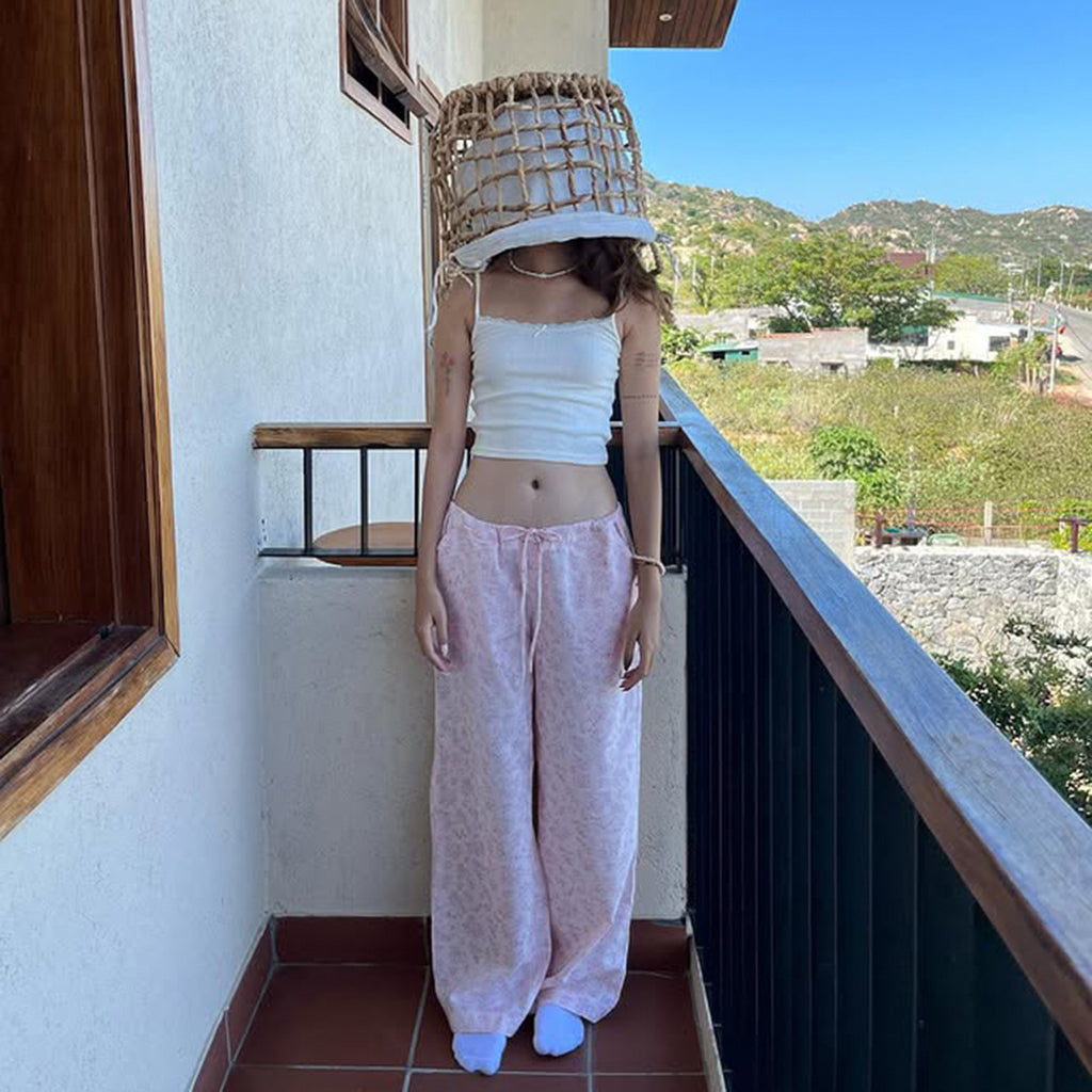 Summer Loose Home Wear Pajama Pants Cute Floral Drawstring Lace Straight Women Casual Pants