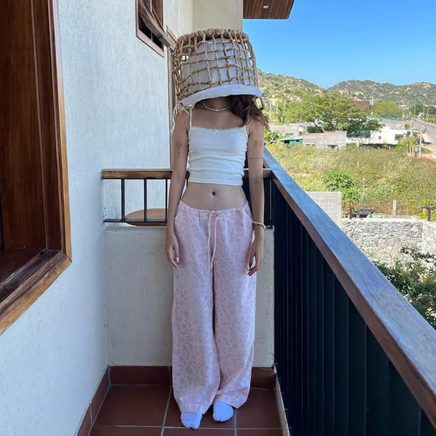 Summer Loose Home Wear Pajama Pants Cute Floral Drawstring Lace Straight Women Casual Pants