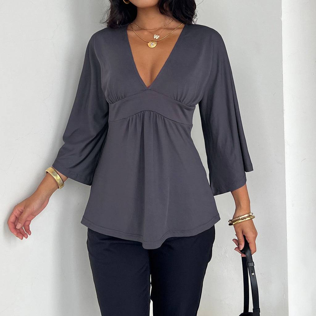 Sexy V neck Solid Color Draping Half Sleeve T shirt Women Bell Sleeve Waist Controlled a Swing Top