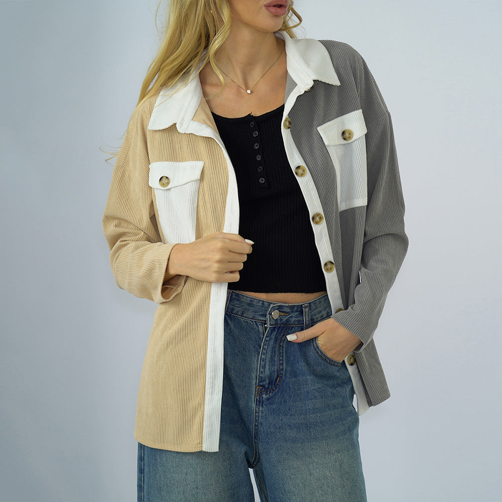 Women Clothing Spring Autumn Loose Stitching Drop Shoulder Solid Color Long Sleeve Single Breasted T shirt Sweater for Women