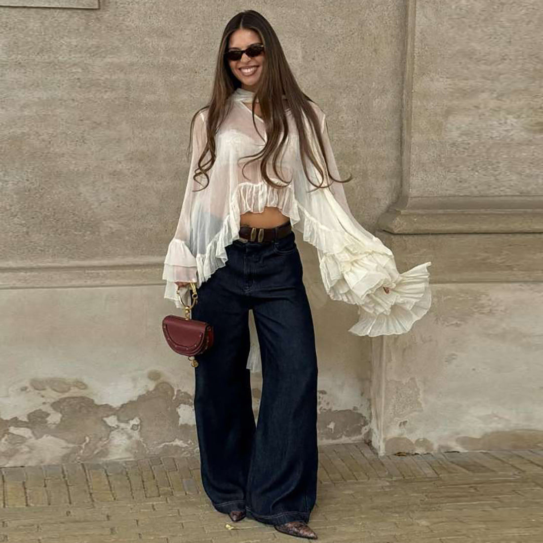 Fall Women Clothing Sexy Hanging Collar See through Ruffled Long Sleeve Smock Top Women