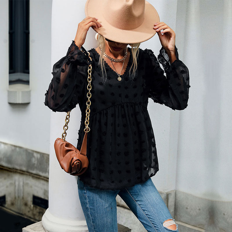Early Autumn Tops Thin Loose Fitting V neck Long Sleeves Black Shirt