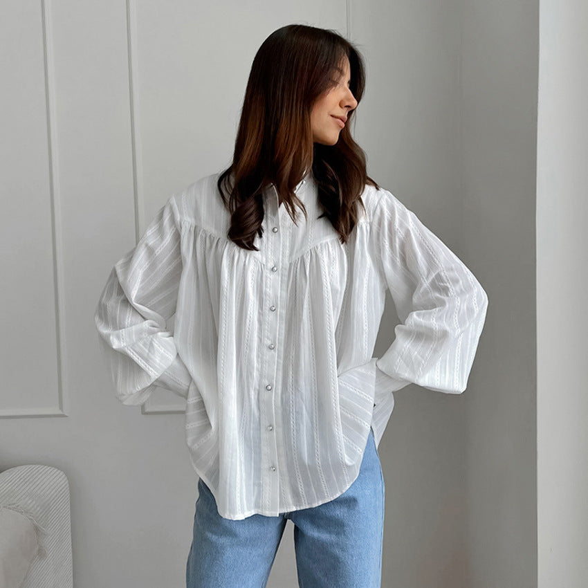 Autumn Simple Elegant French Pure Cotton Jacquard Stand Collar Shirt Women Loose White Base Puff Sleeve Shirt