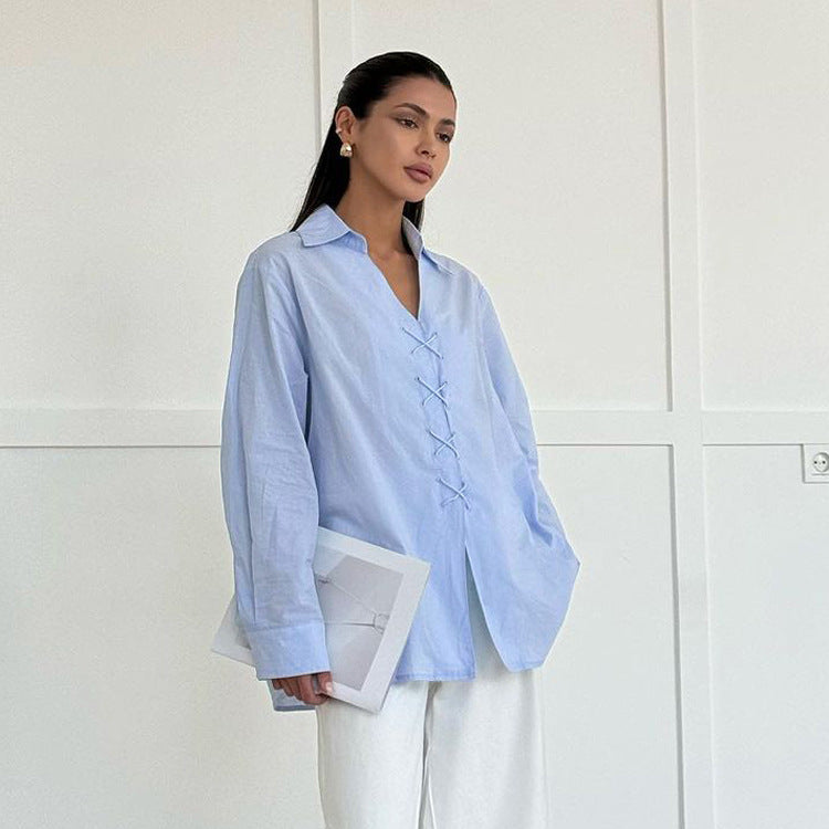 Cotton Shirt Women Spring Solid Color Collared Long Sleeve Niche Design Cross Tied Shirt