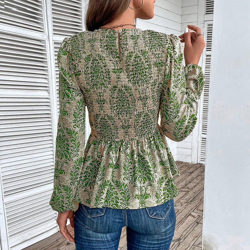 Women Clothing Autumn Slim Fit Long Sleeved Printed Top